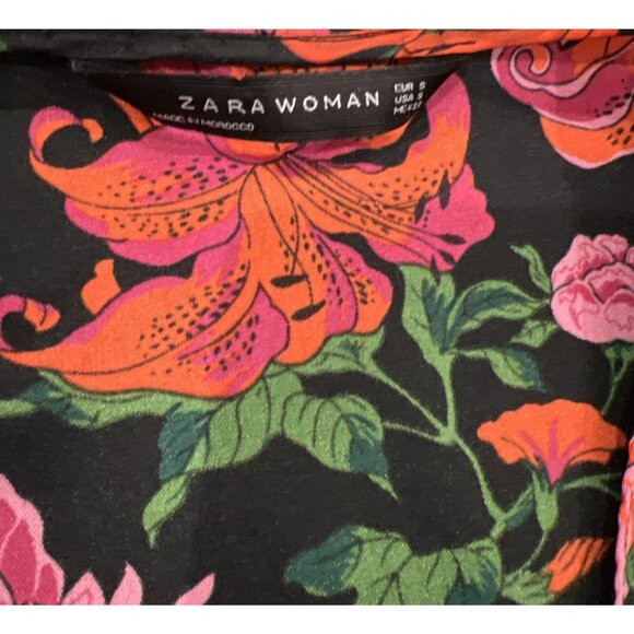 Zara Woman Black Floral Wrap Dress With Vibrant Pink & Orange Flowers Size M - Picture 3 of 7